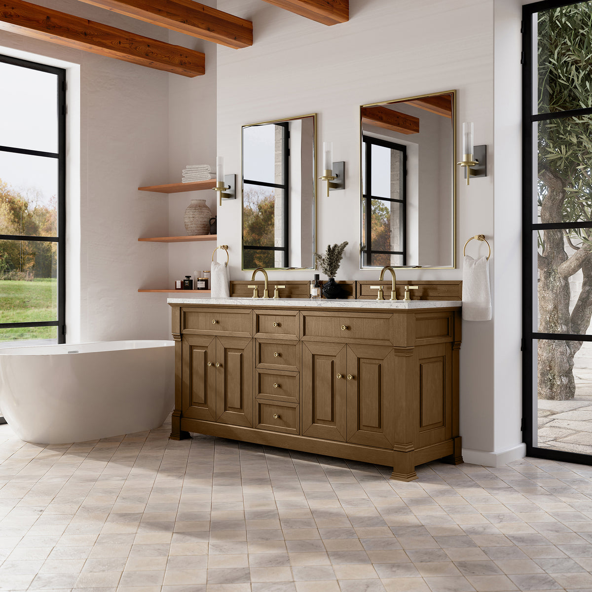 72" Brookfield Double Vanity, Honey Oak with Eternal Jasmine Pearl