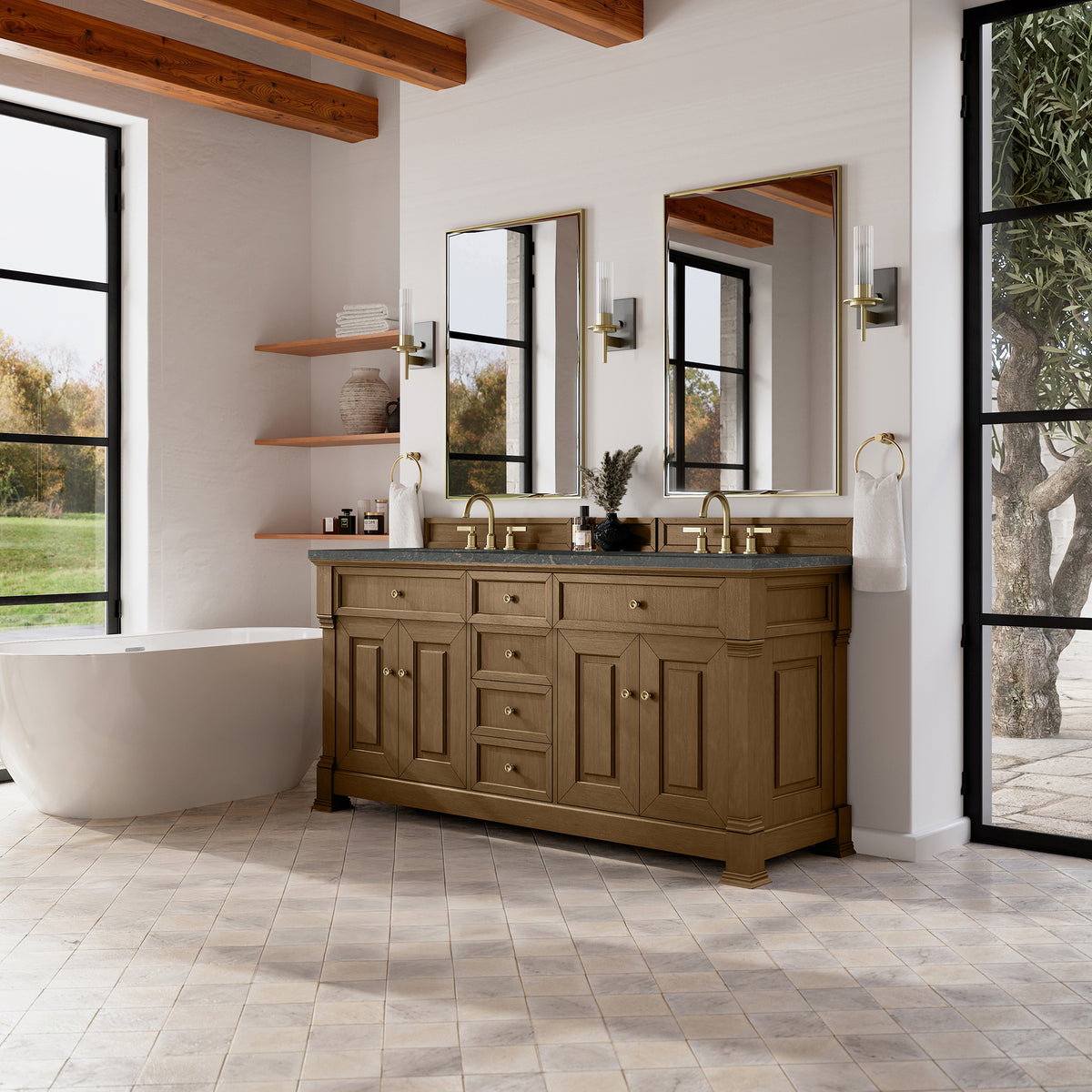 72" Brookfield Double Vanity, Honey Oak with Parisien Bleu Top