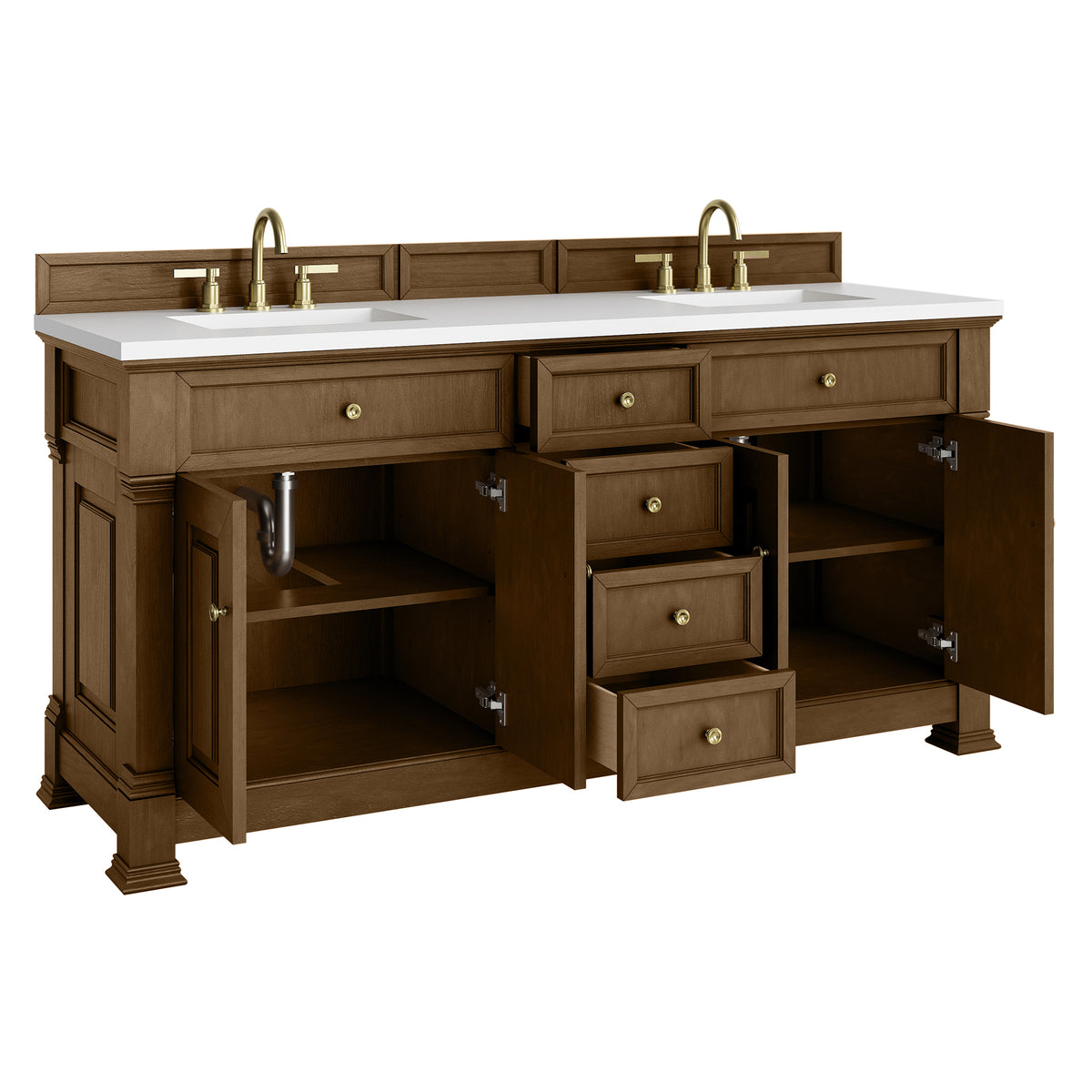 72" Brookfield Double Vanity, Honey Oak with White Zeus Single Faucet Top & Backsplash