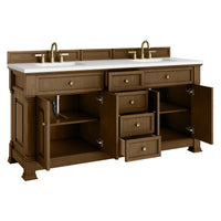 72" Brookfield Double Vanity, Honey Oak with White Zeus Single Faucet Top & Backsplash