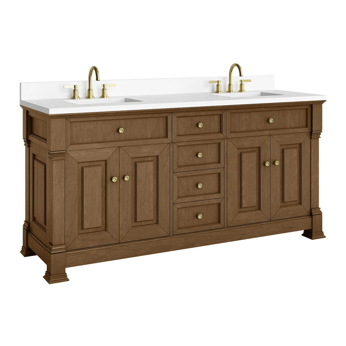 72" Brookfield Double Vanity, Honey Oak with White Zeus Single Faucet Top & Backsplash