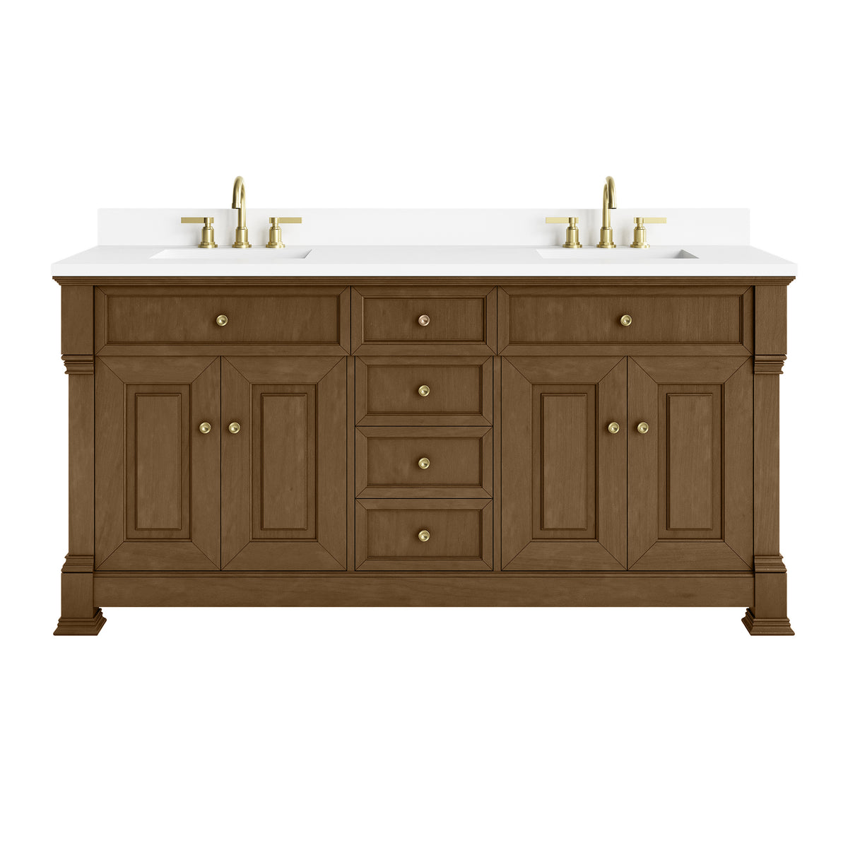 72" Brookfield Double Vanity, Honey Oak with White Zeus Single Faucet Top & Backsplash