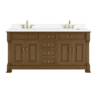 72" Brookfield Double Vanity, Honey Oak with White Zeus Single Faucet Top & Backsplash