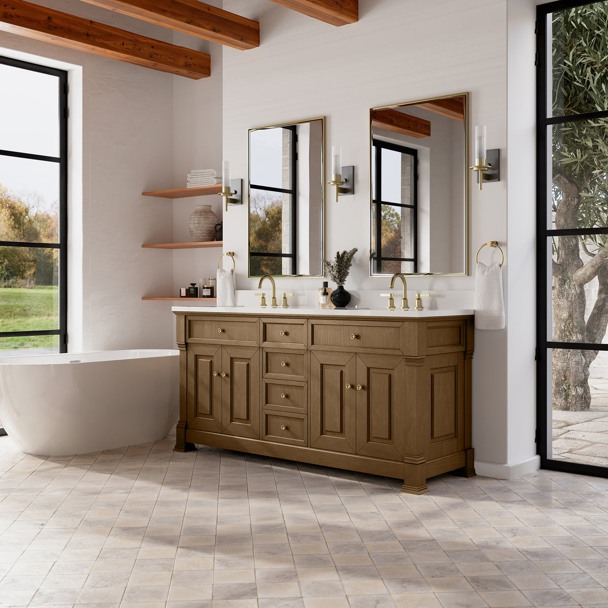 72" Brookfield Double Vanity, Honey Oak with White Zeus Single Faucet Top & Backsplash