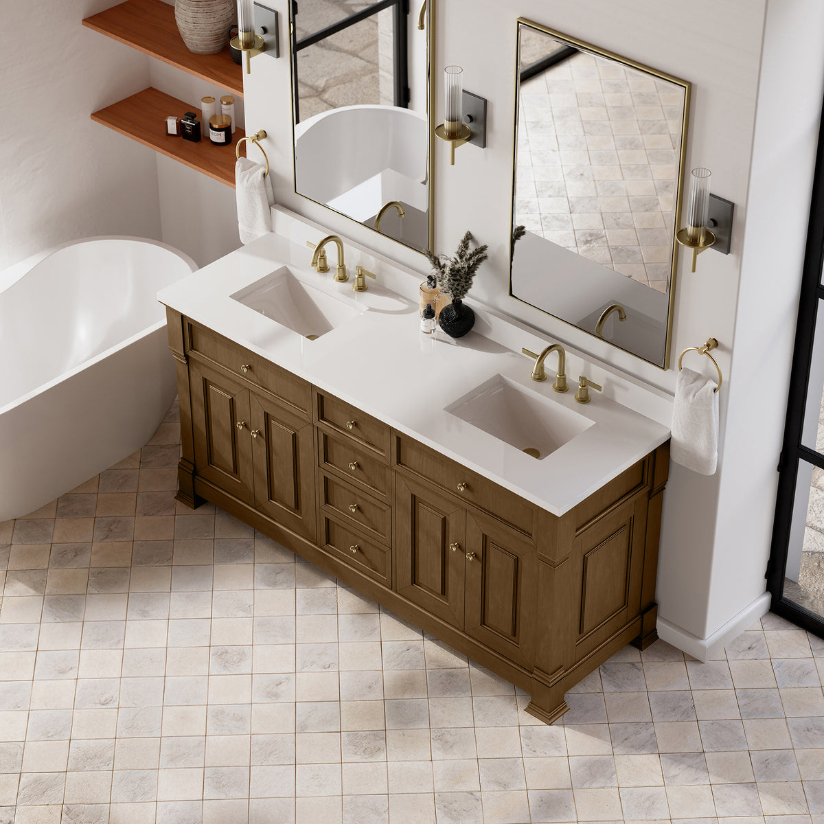 72" Brookfield Double Vanity, Honey Oak with White Zeus Single Faucet Top & Backsplash