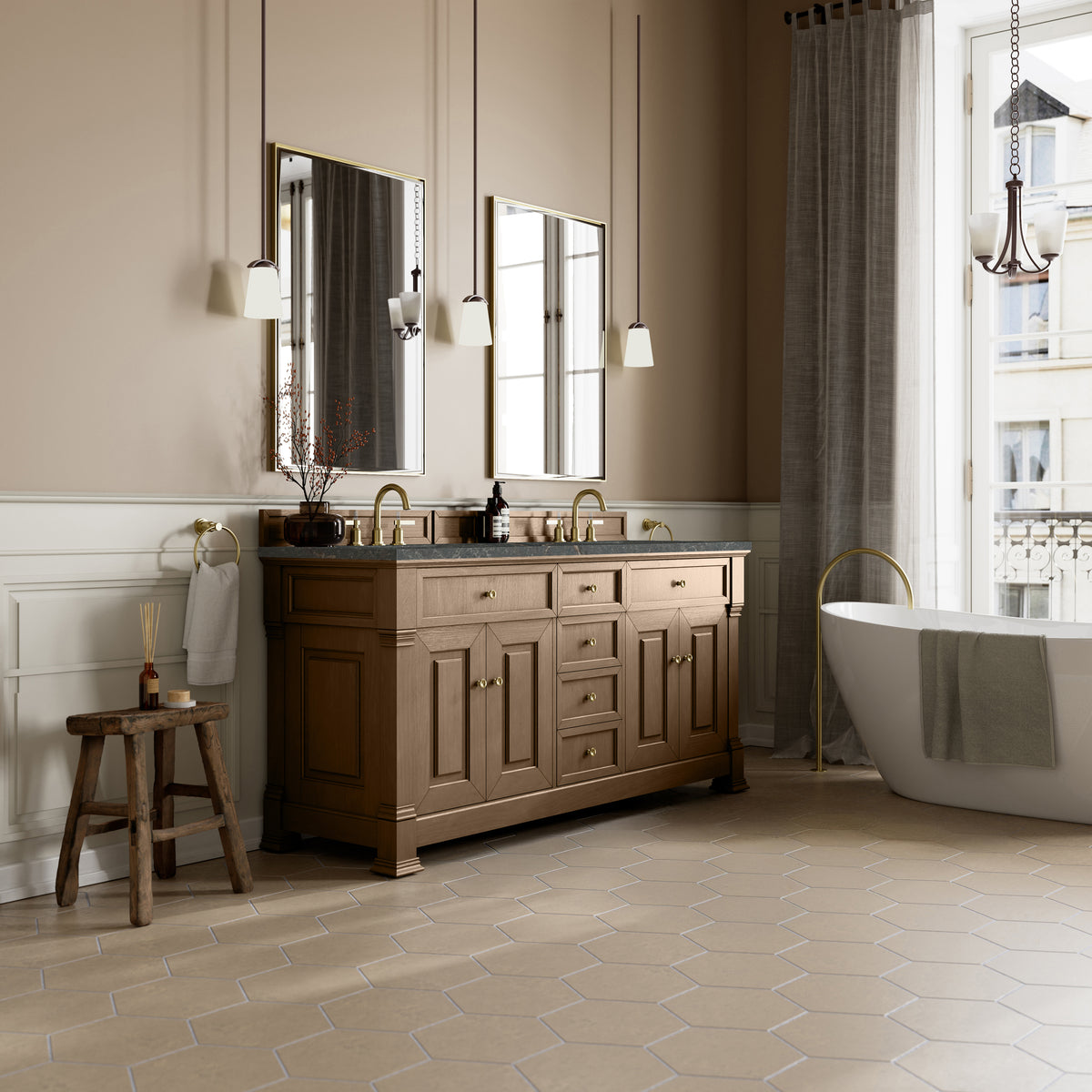 72" Brookfield Double Vanity, Pecan with Parisien Bleu Top