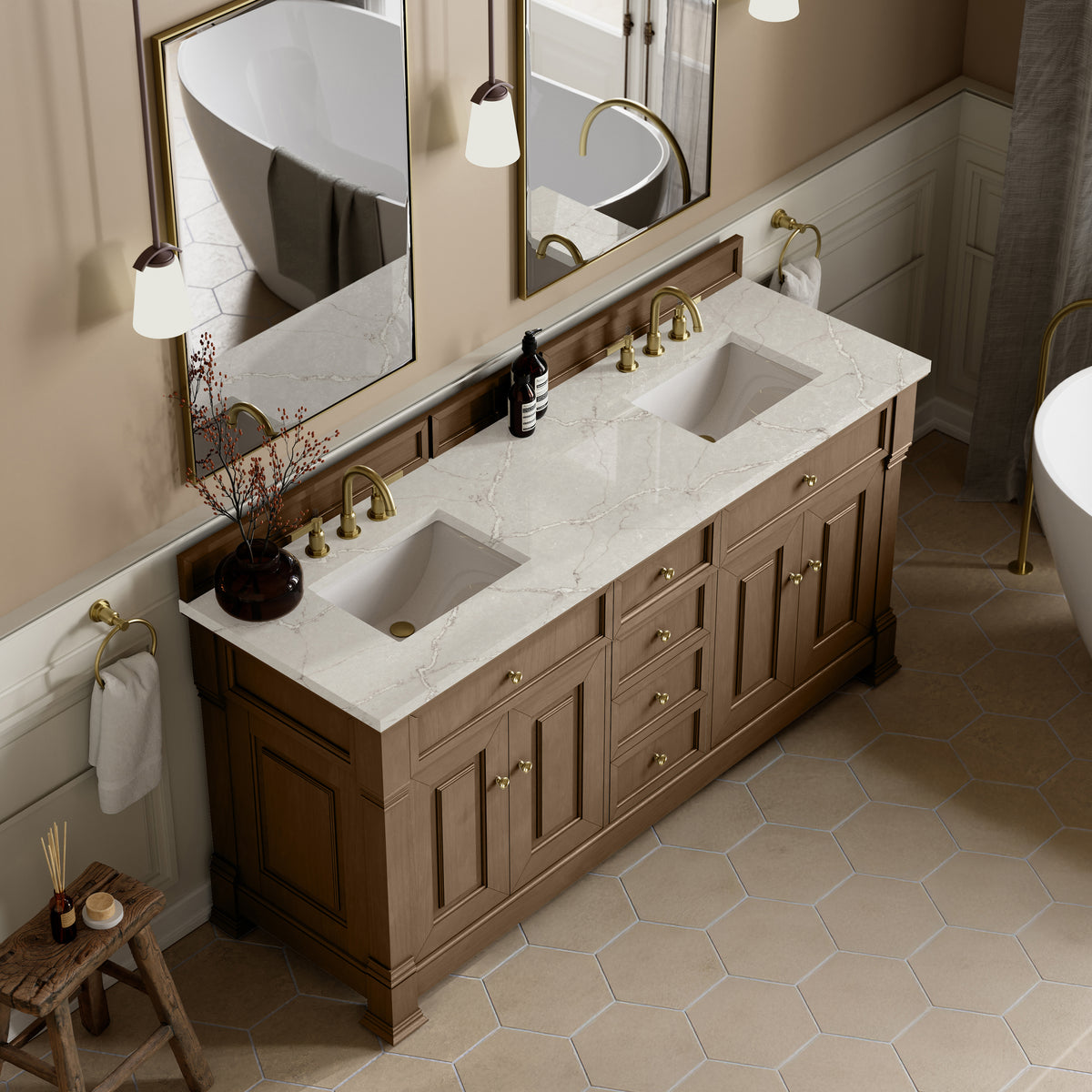 72" Brookfield Double Vanity, Pecan with Victorian Silver Top