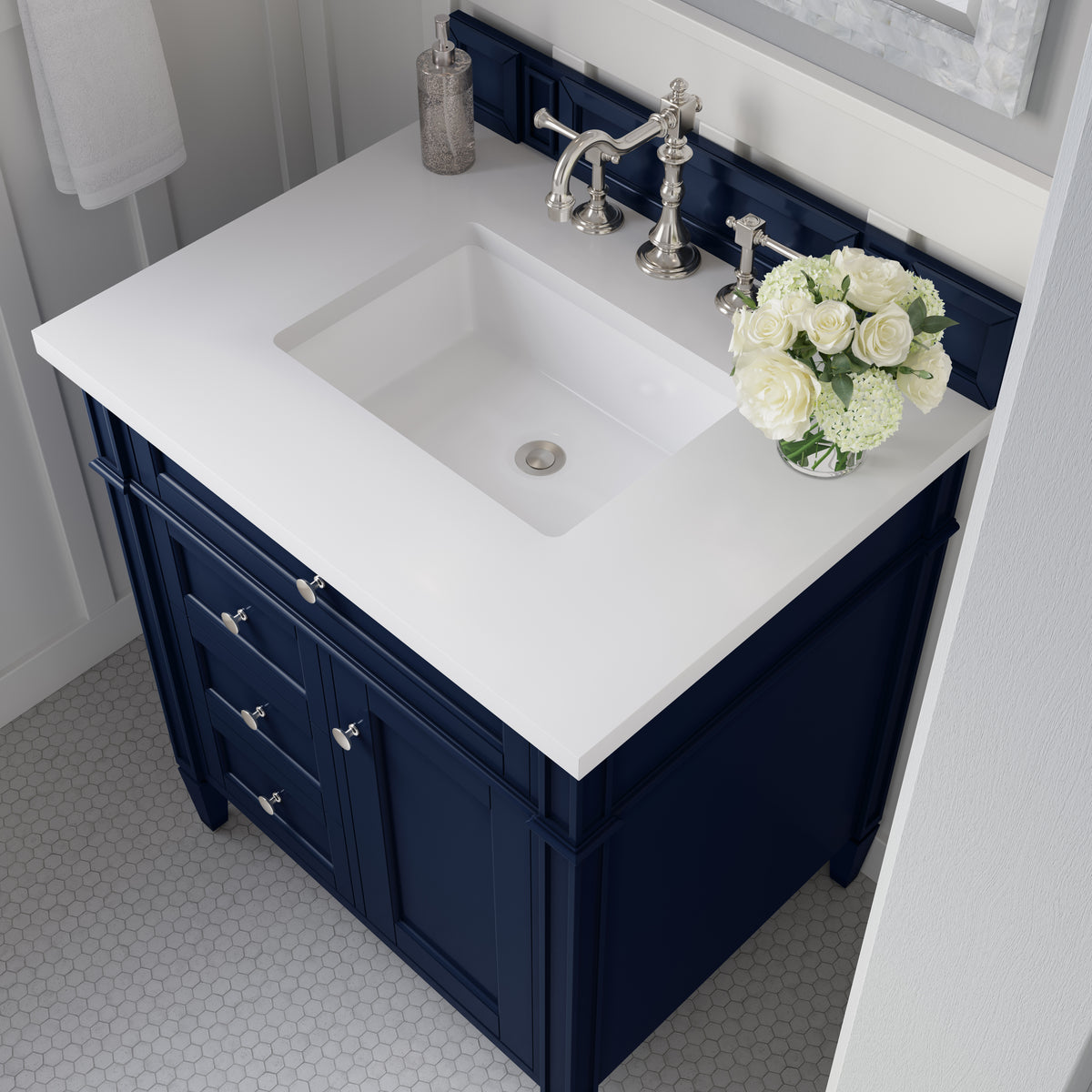 30" Brittany Single Bathroom Vanity, Victory Blue w/ White Zeus Quartz Top