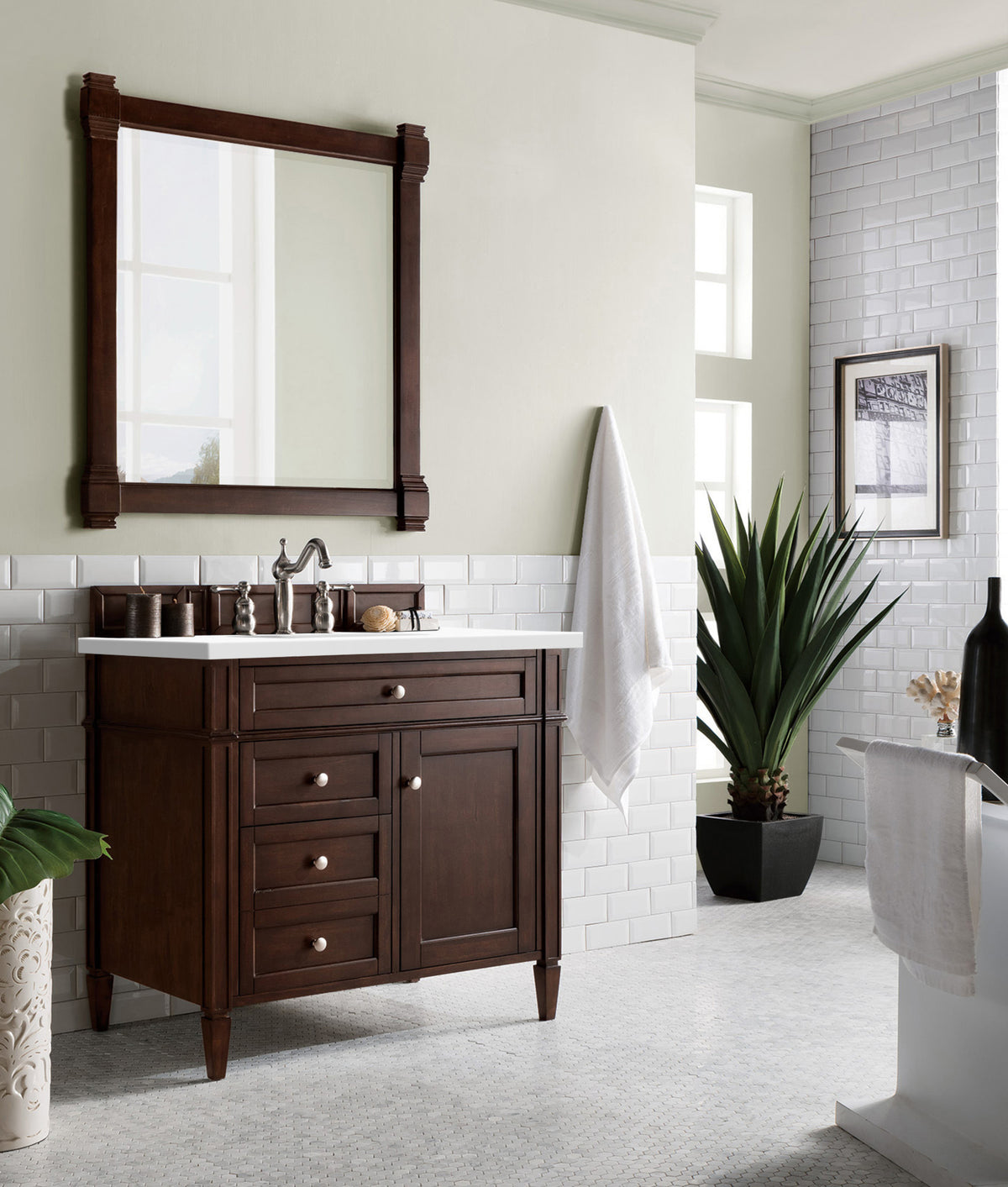 36" Brittany Single Bathroom Vanity, Burnished Mahogany w/ White Zeus Quartz Top