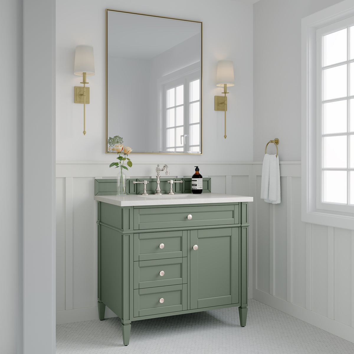 36" Brittany Single Bathroom Vanity, Smokey Celadon w/ White Zeus Quartz Top