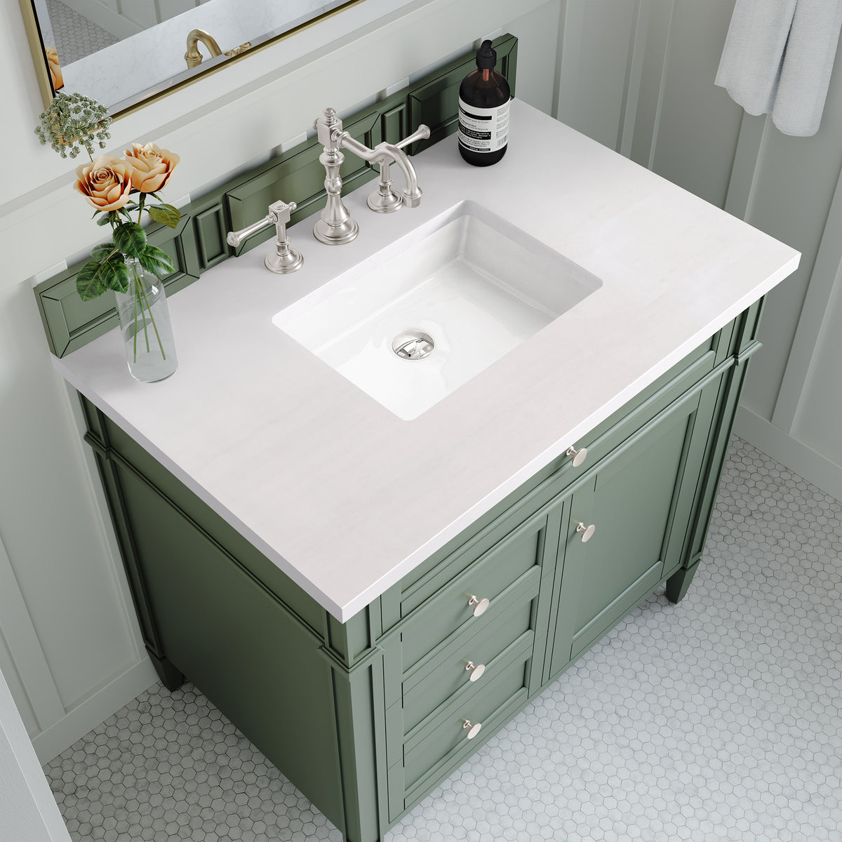 36" Brittany Single Bathroom Vanity, Smokey Celadon w/ White Zeus Quartz Top