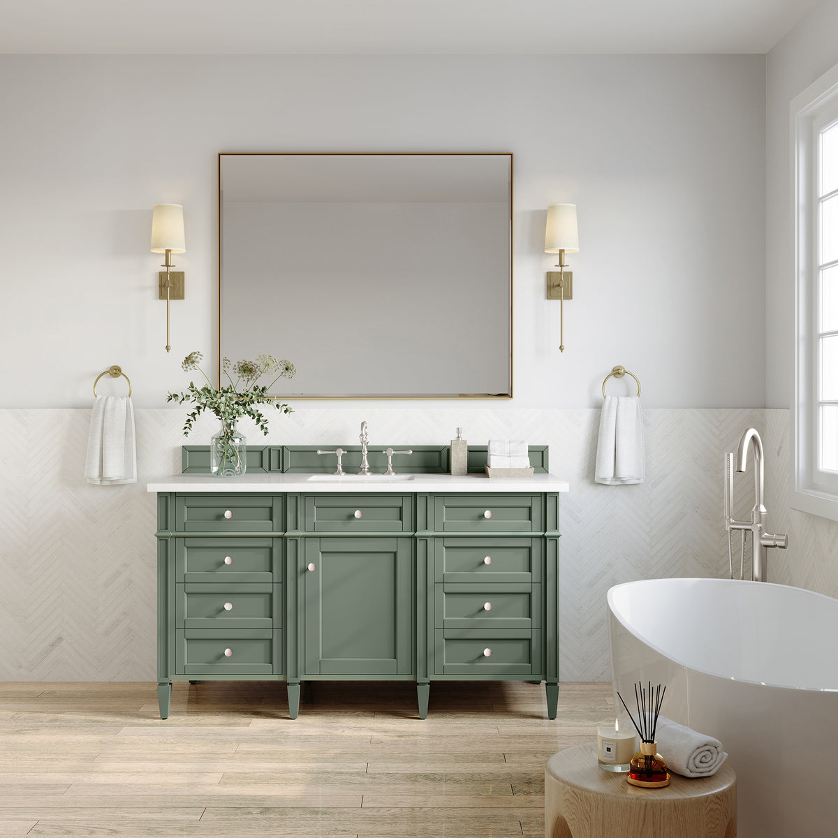 60" Brittany Single Bathroom Vanity, Smokey Celadon w/ White Zeus Quartz Top