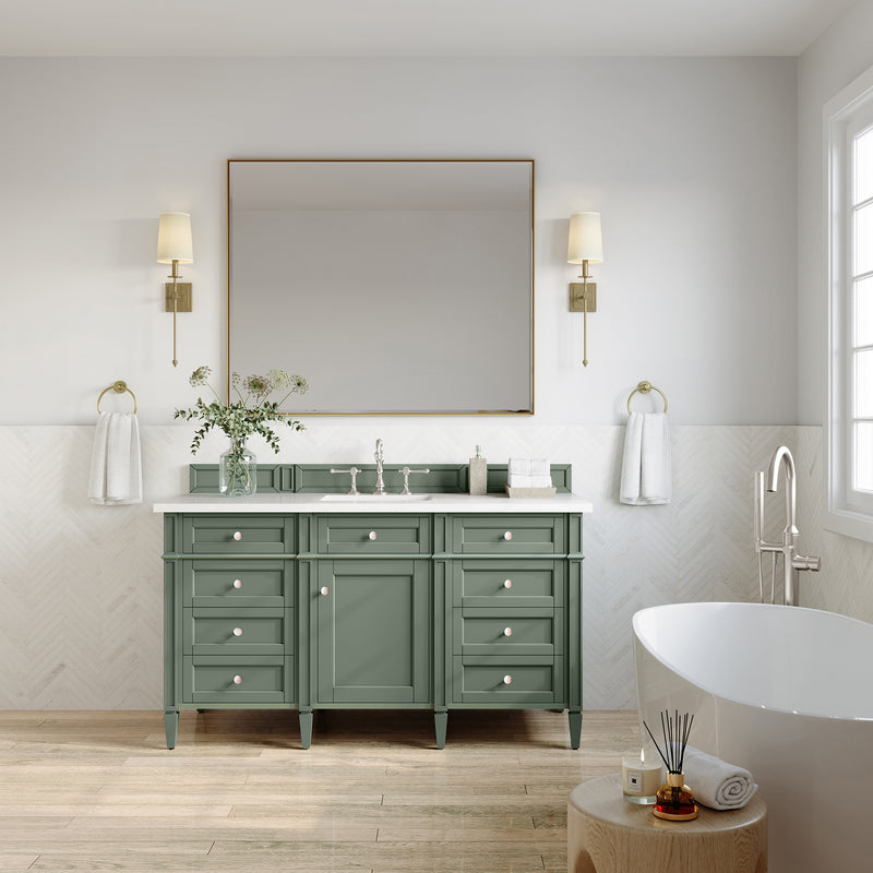60" Brittany Single Bathroom Vanity, Smokey Celadon w/ White Zeus Quartz Top