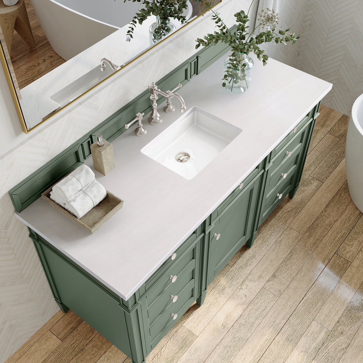 60" Brittany Single Bathroom Vanity, Smokey Celadon w/ White Zeus Quartz Top