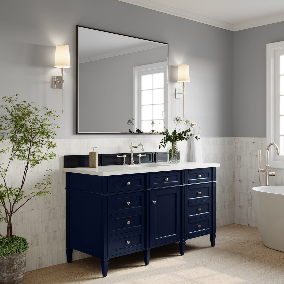 60" Brittany Single Bathroom Vanity, Victory Blue w/ White Zeus Quartz Top