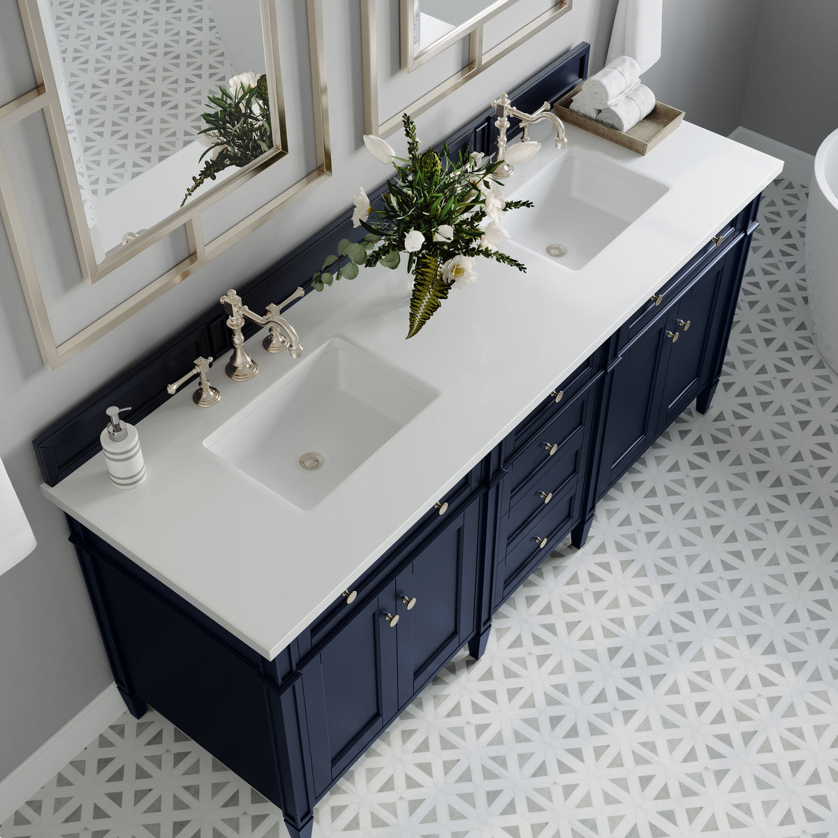 72" Brittany Double Bathroom Vanity, Victory Blue, w/ White Zeus Quartz Top