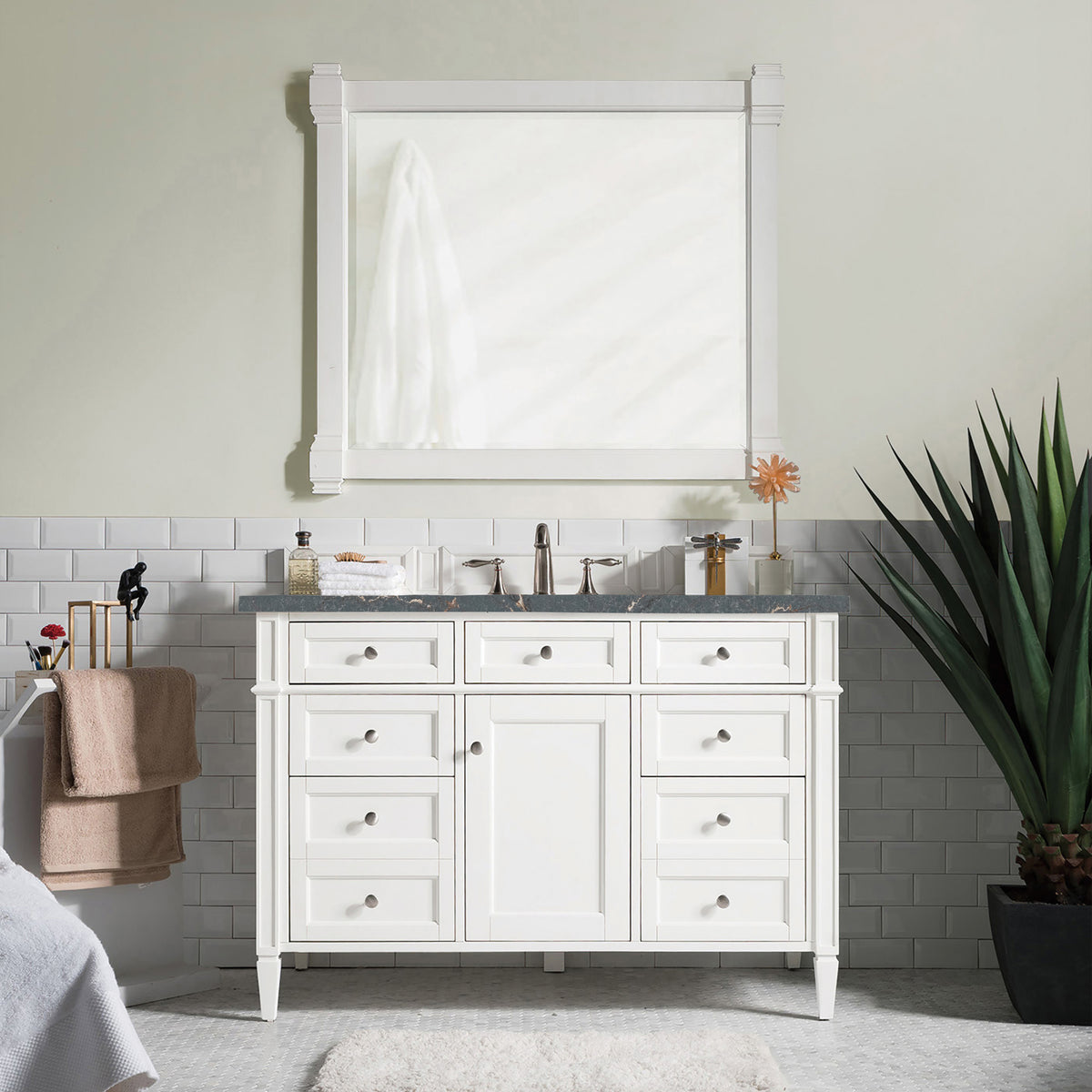 Brittany 48" Single Vanity, Bright White w/ 3 CM Parisien Bleu Silestone Top w/FreePower Wireless Charger