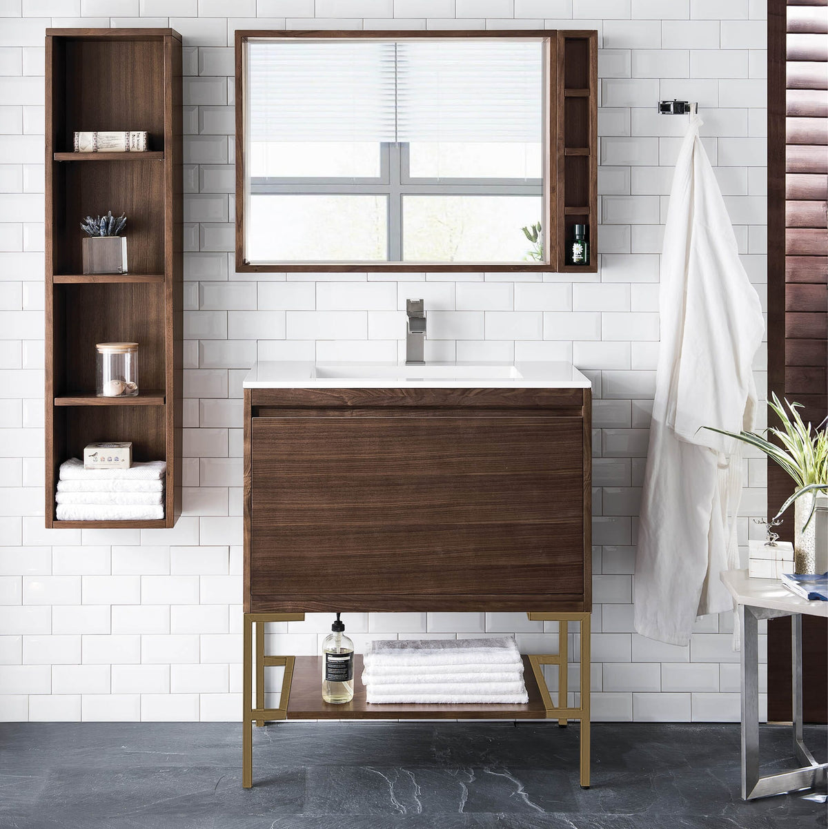 31.5" Milan Single Bathroom Vanity, Mid-Century Walnut w/ Radiant Gold Base