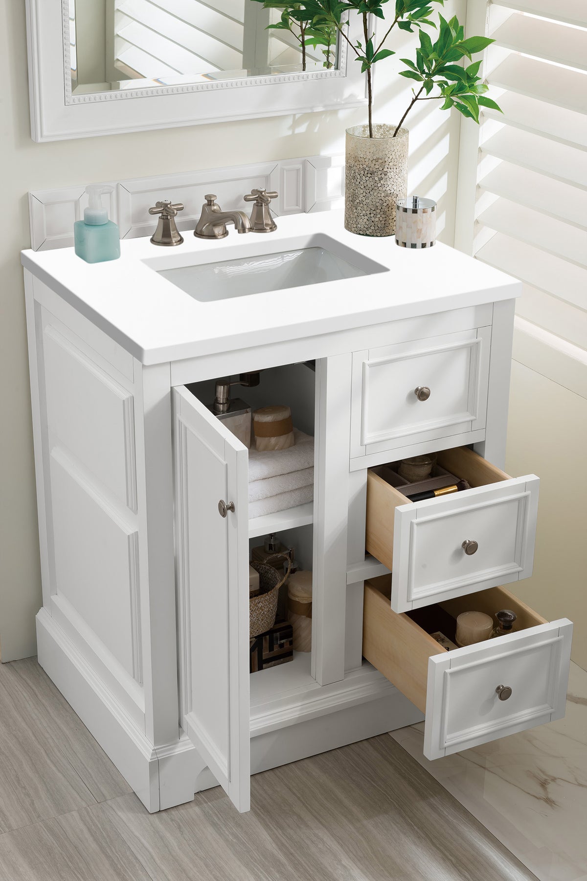 30" De Soto Single Bathroom Vanity, Bright White, w/ White Zeus Quartz Top