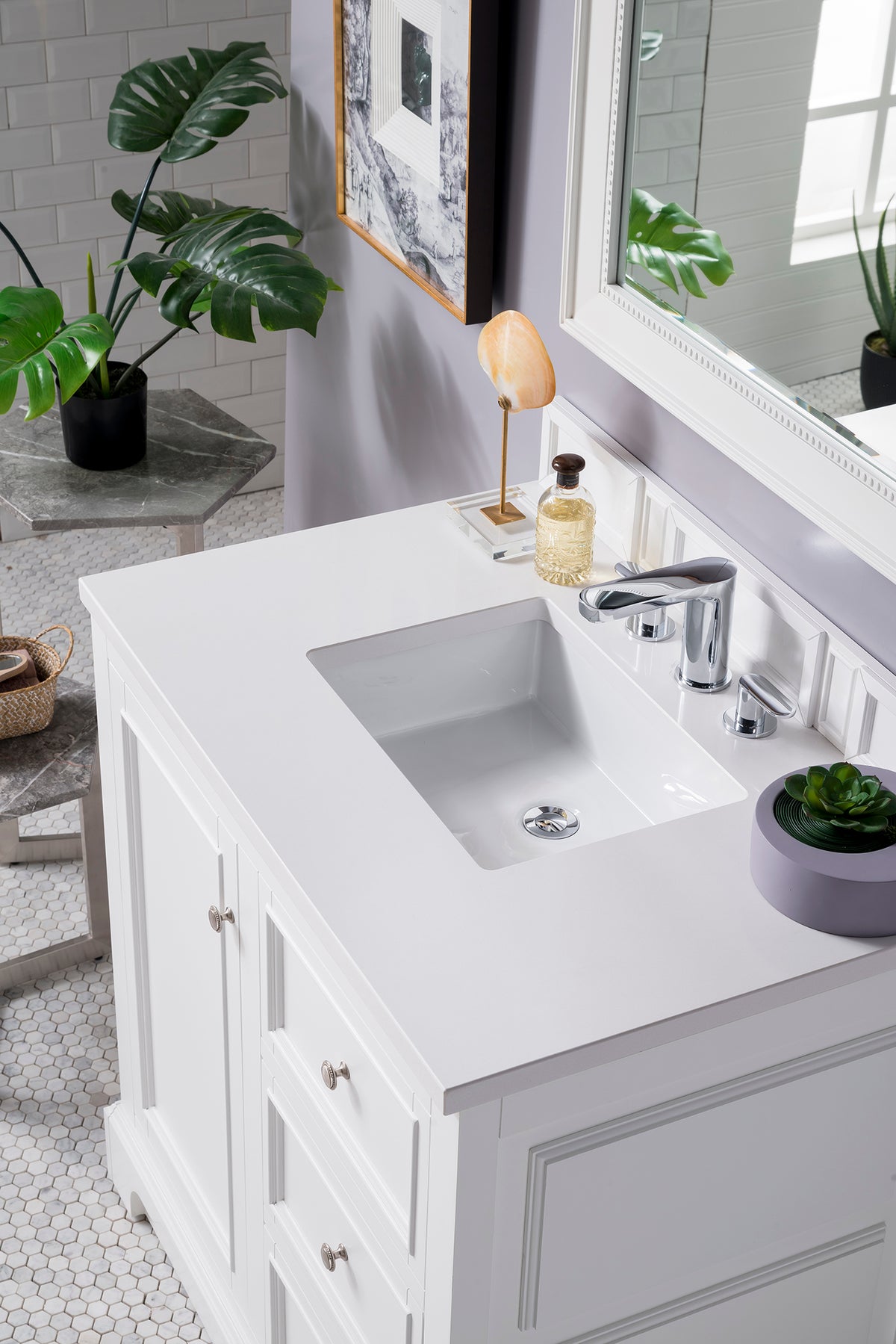 36" De Soto Single Bathroom Vanity, Bright White, w/ White Zeus Quartz Top
