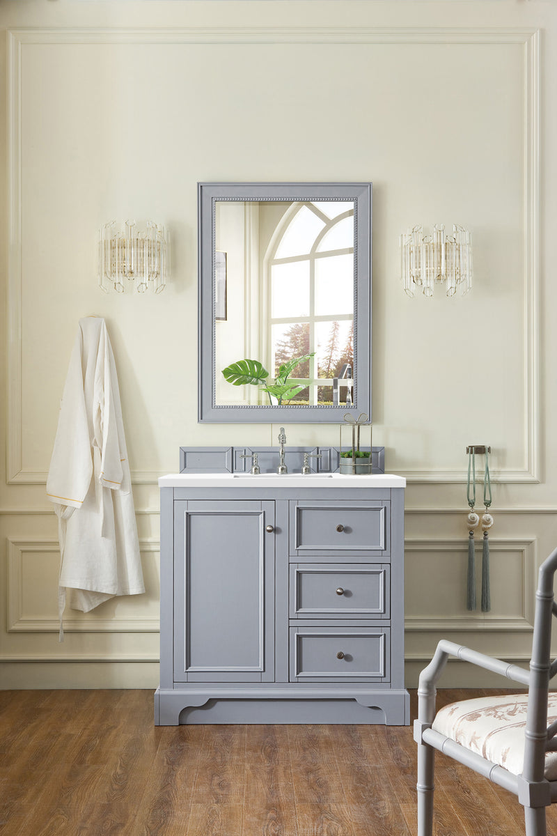 36" De Soto Single Bathroom Vanity, Silver Gray w/ White Zeus Quartz Top