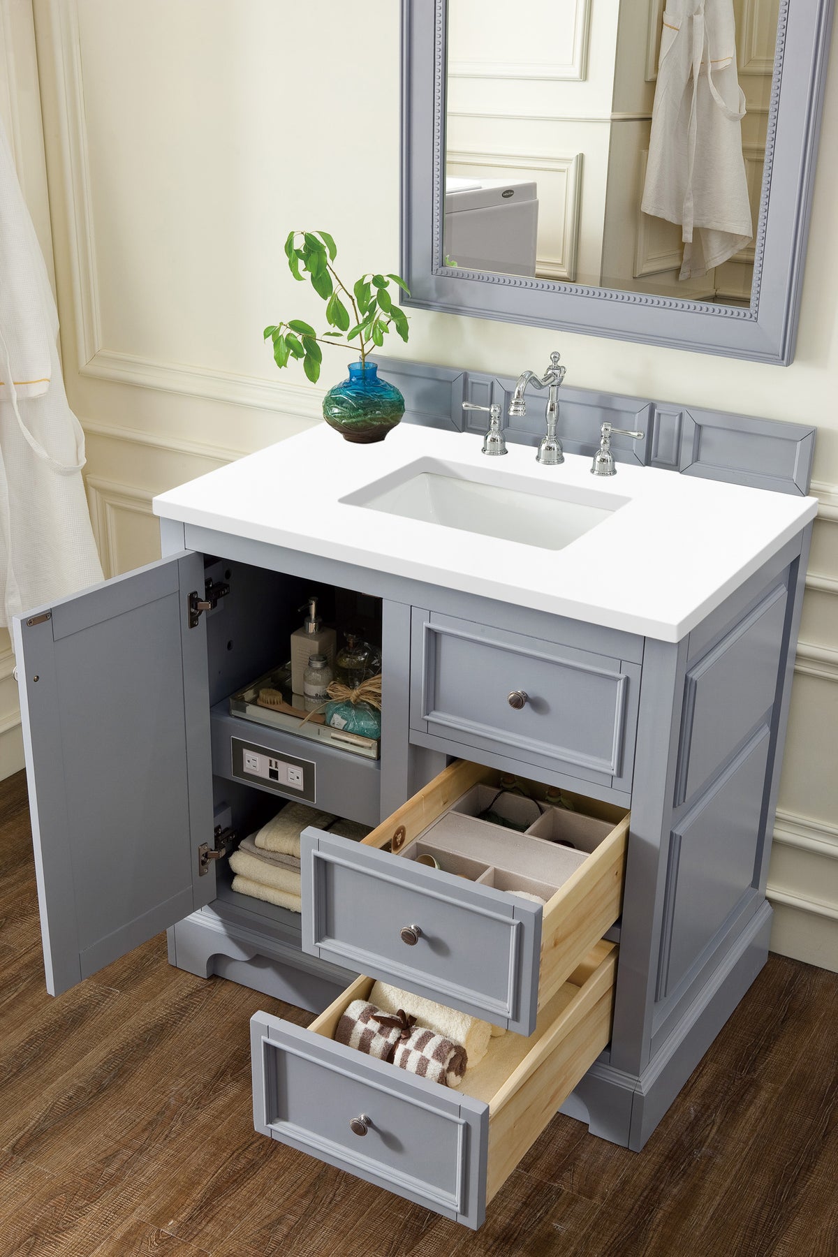 36" De Soto Single Bathroom Vanity, Silver Gray w/ White Zeus Quartz Top
