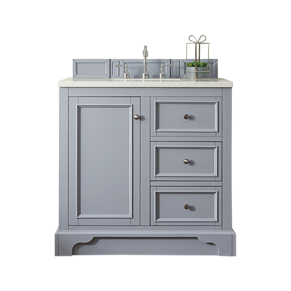 36" De Soto Single Bathroom Vanity, Silver Gray w/ White Zeus Quartz Top