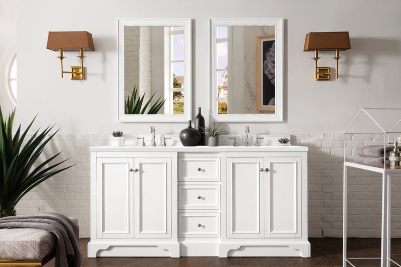 72" De Soto Double Bathroom Vanity, Bright White w/ White Zeus Quartz Top