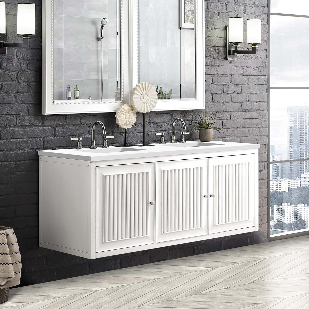 60" Athens Double Bathroom Vanity, Glossy White w/ White Zeus Quartz Top