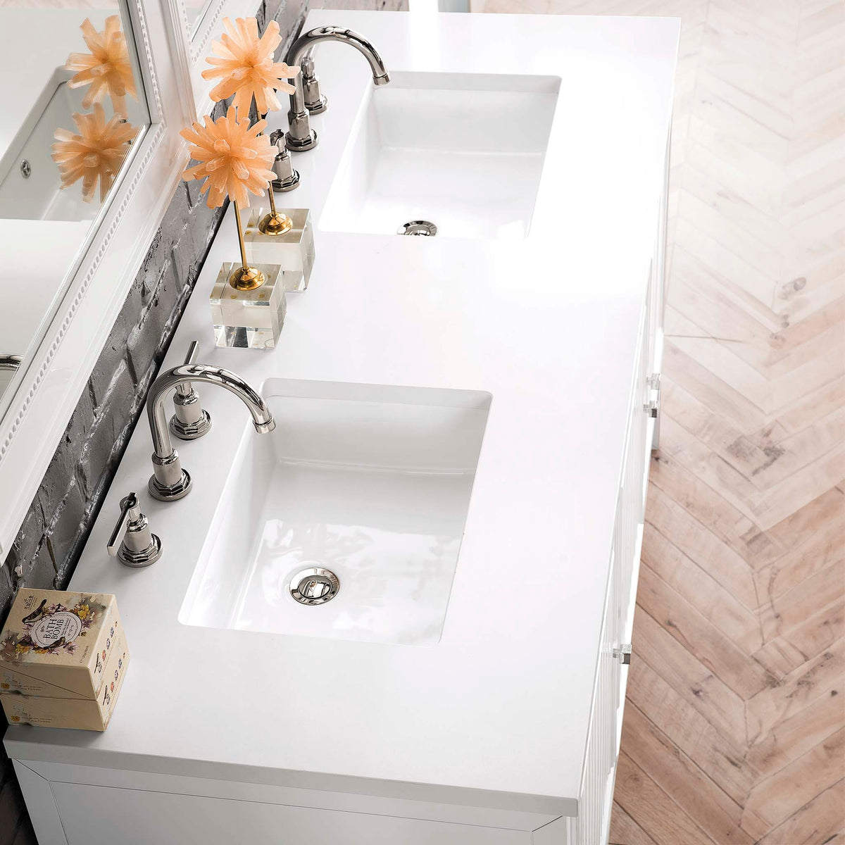 60" Athens Double Bathroom Vanity, Glossy White w/ White Zeus Quartz Top