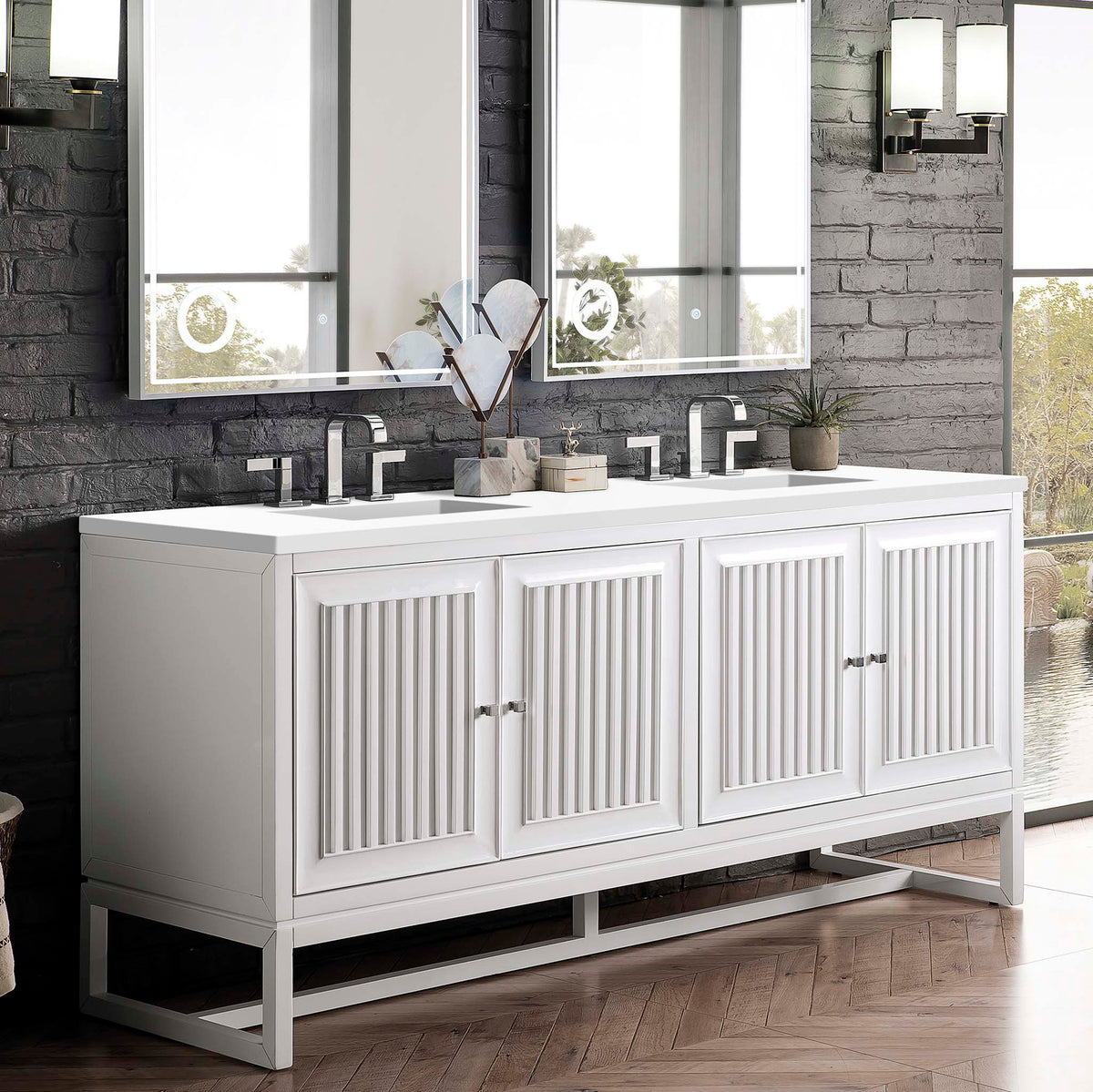 72" Athens Double Bathroom Vanity, Glossy White w/ White Zeus Quartz Top