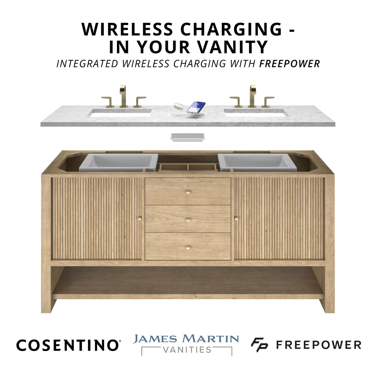 Brittany 48" Single Vanity, Bright White w/ 3 CM Parisien Bleu Silestone Top w/FreePower Wireless Charger