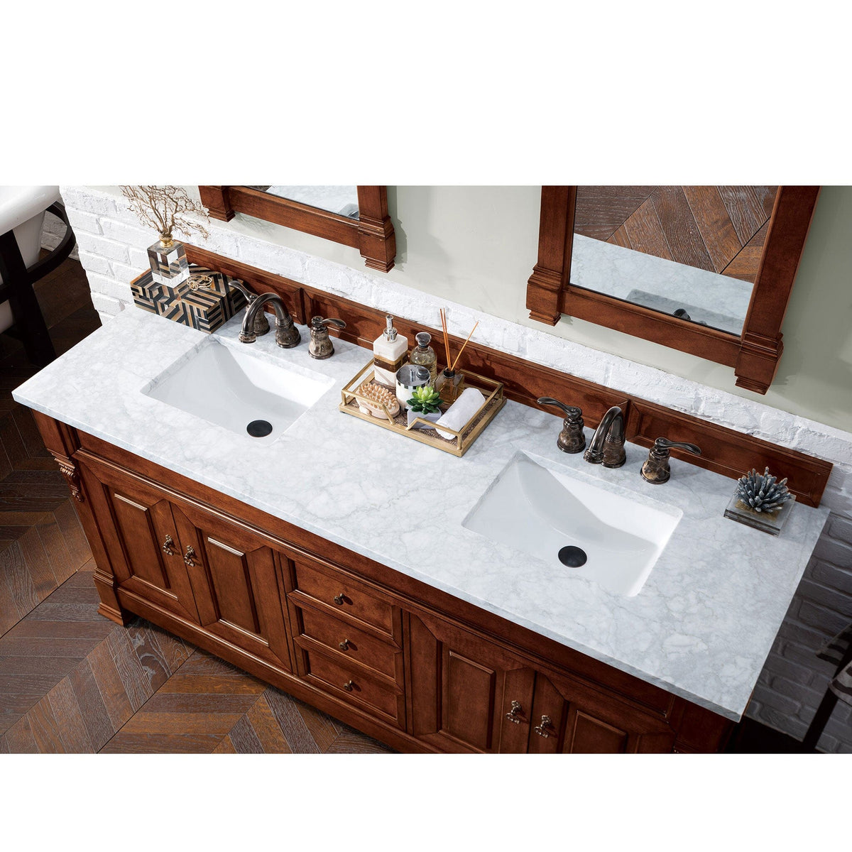 72" Brookfield Double Bathroom Vanity, Warm Cherry - vanitiesdepot.com