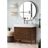 36" Linear Single Bathroom Vanity, Mid-Century Walnut with Glossy White Composite Top