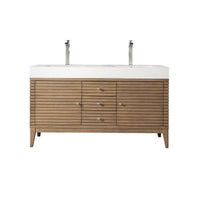 59" Linear Double Bathroom Vanity, Whitewashed Walnut with Glossy White Composite Top