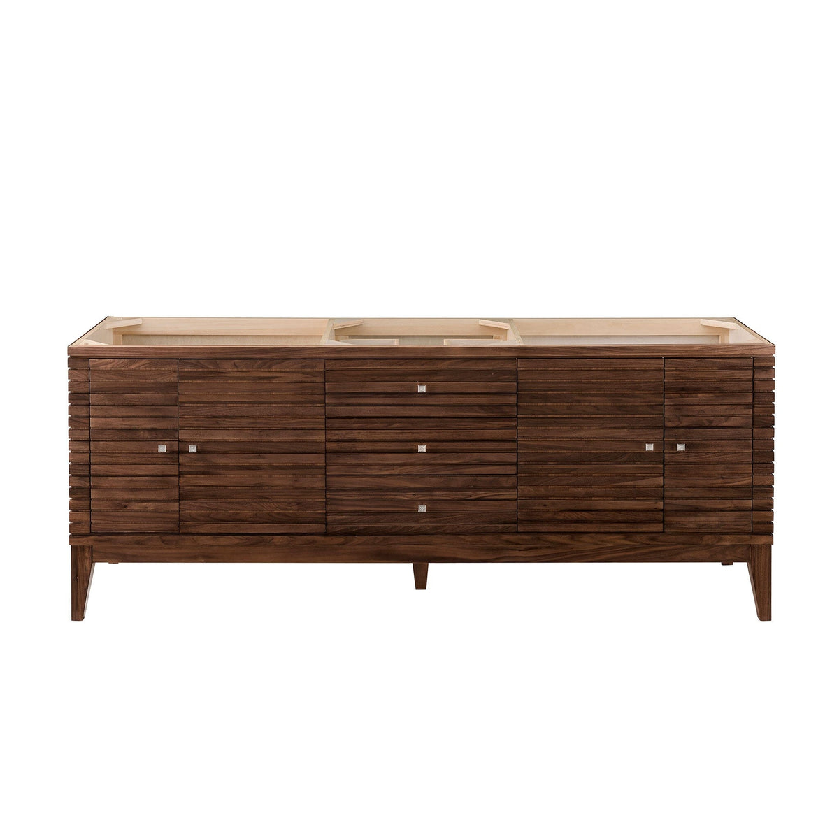 72" Linear Double Bathroom Vanity, Mid-Century Walnut with Glossy White Composite Top