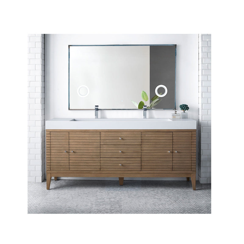 72" Linear Double Bathroom Vanity, Whitewashed Walnut with Glossy White Composite Top