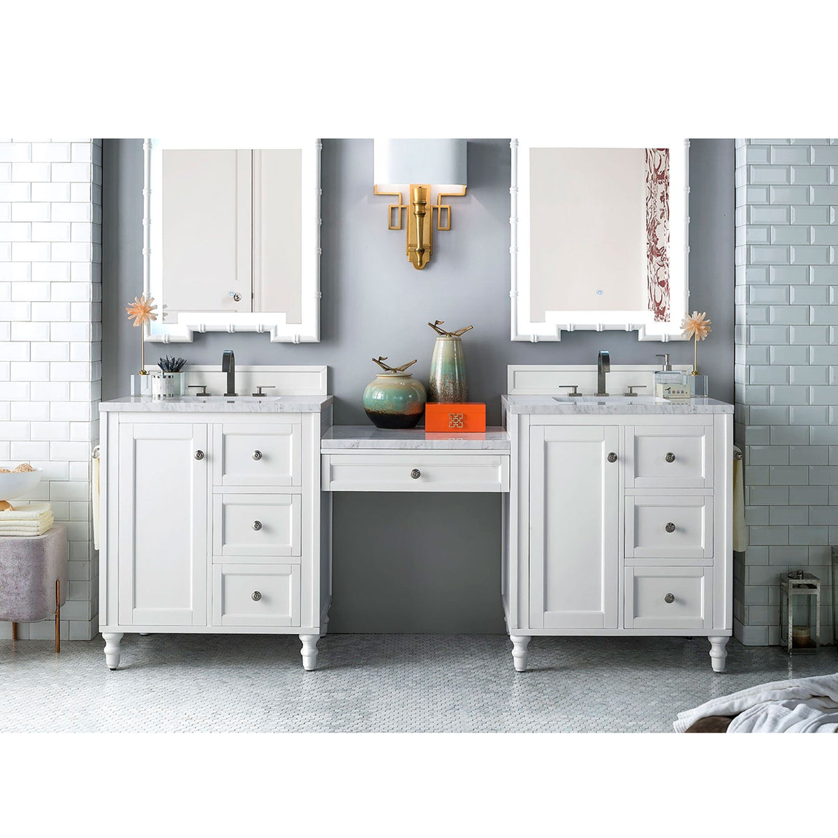 86" Copper Cove Encore Double Bathroom Vanity with Makeup Counter, Bright White