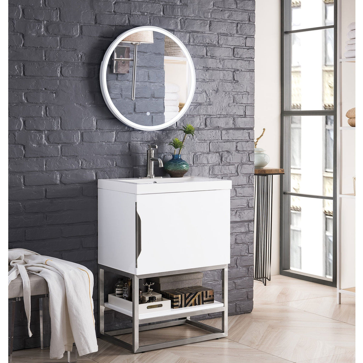24" Columbia Single Bathroom Vanity, Glossy White w/ Brushed Nickel Base