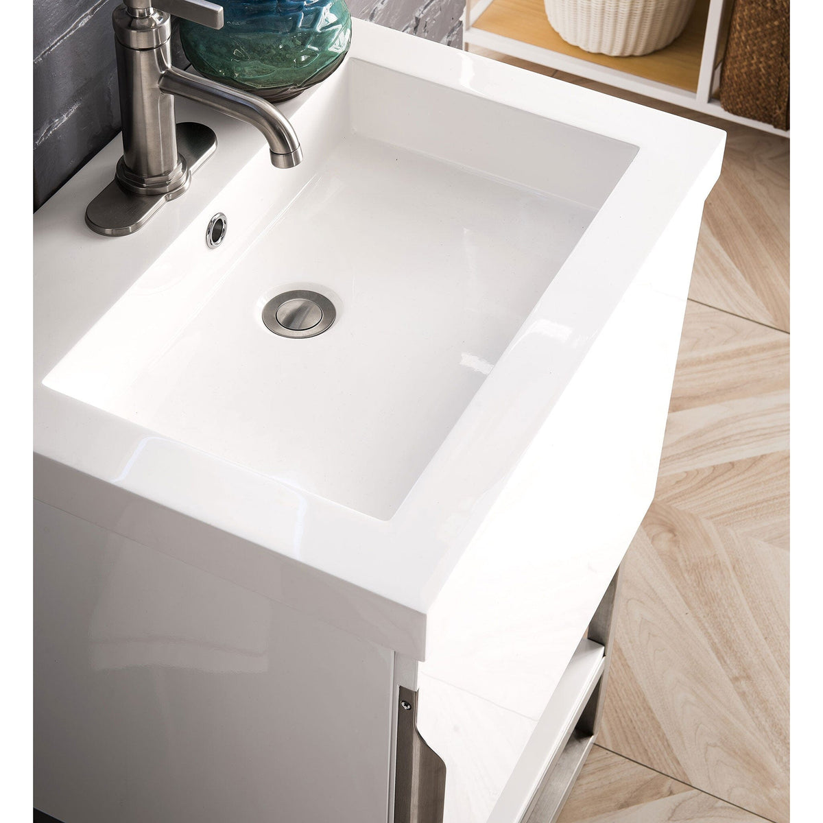 24" Columbia Single Bathroom Vanity, Glossy White w/ Brushed Nickel Base