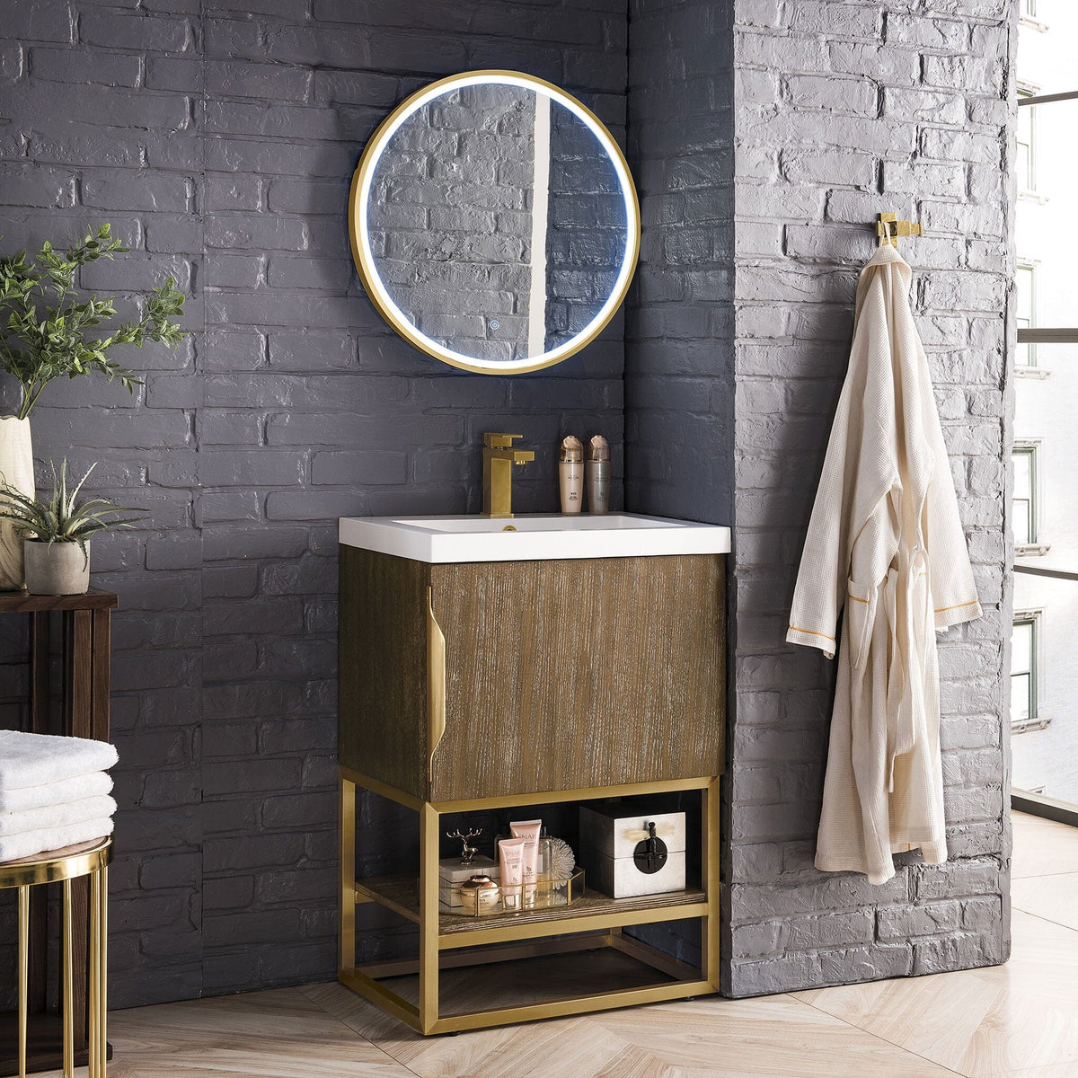 24" Columbia Single Bathroom Vanity, Latte Oak w/ Radiant Gold Base