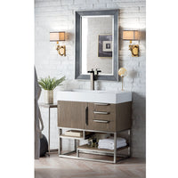 36" Columbia Single Bathroom Vanity, Ash Gray w/ Brushed Nickel Base and Glossy White Composite Stone Top