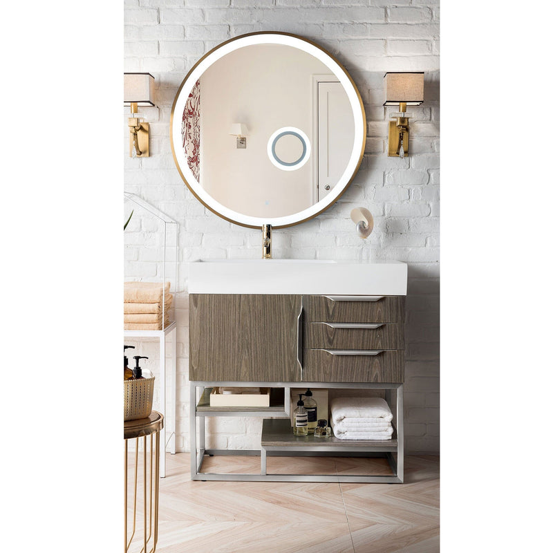 36" Columbia Single Bathroom Vanity, Ash Gray w/ Brushed Nickel Base and Glossy White Composite Stone Top