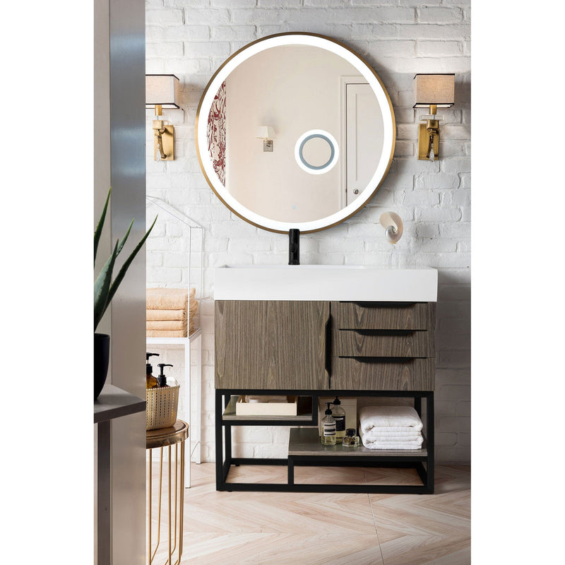 36" Columbia Single Bathroom Vanity, Ash Gray w/ Matte Black Base and Glossy White Composite Stone Top