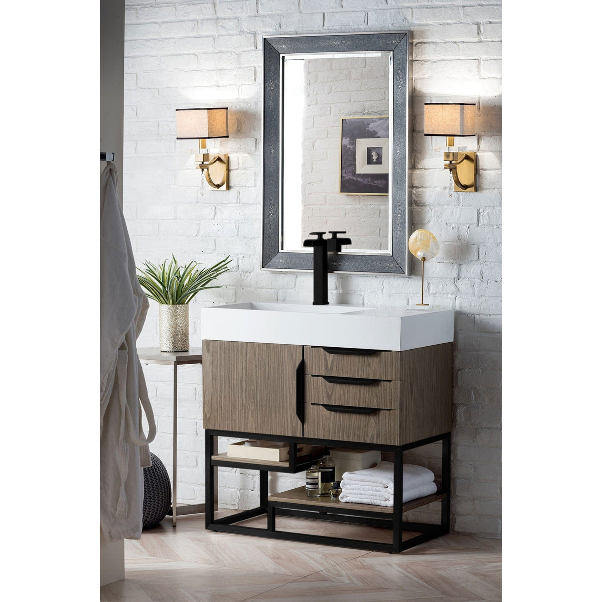 36" Columbia Single Bathroom Vanity, Ash Gray w/ Matte Black Base and Glossy White Composite Stone Top