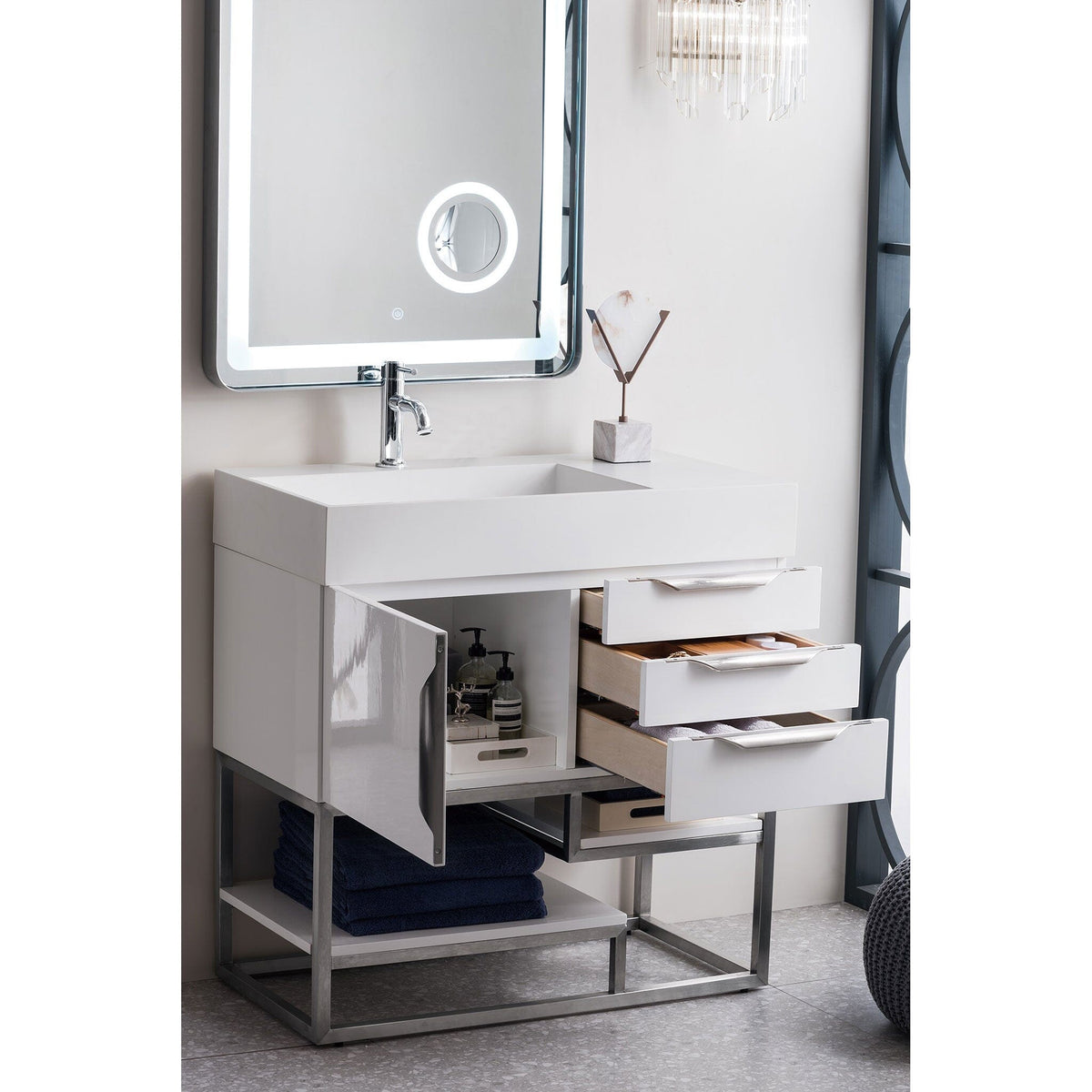 36" Columbia Single Bathroom Vanity, Glossy White w/ Brushed Nickel Base and Glossy White Composite Stone Top