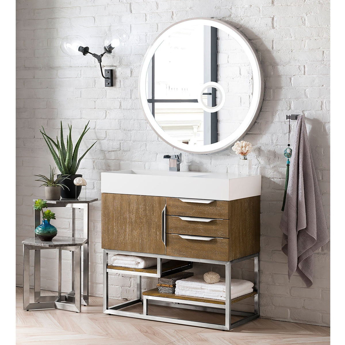 36" Columbia Single Bathroom Vanity, Latte Oak w/ Brushed Nickel Base