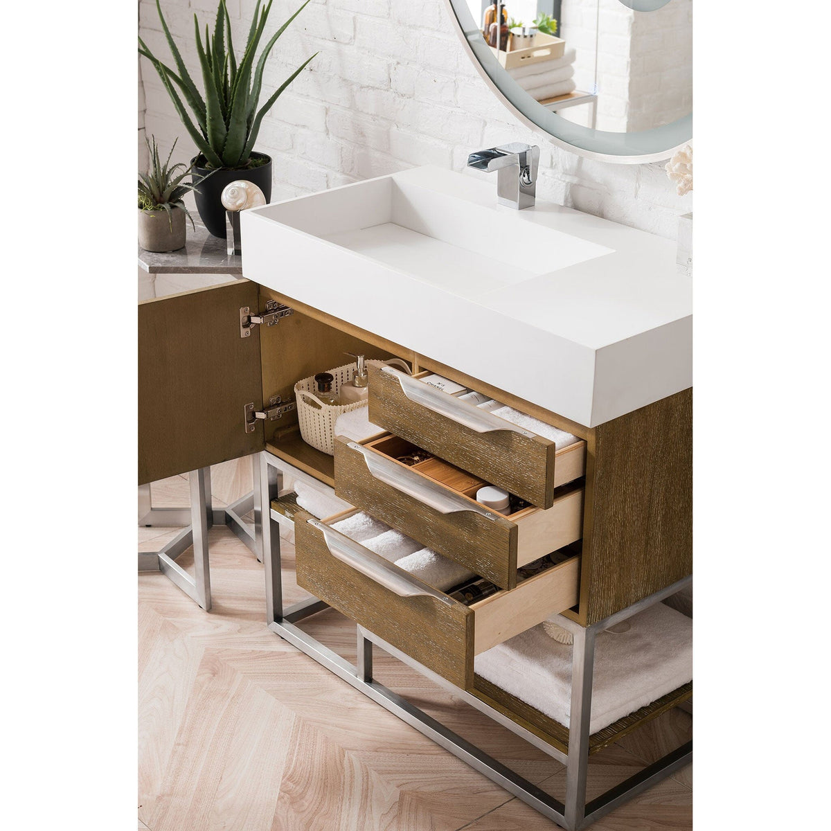 36" Columbia Single Bathroom Vanity, Latte Oak w/ Brushed Nickel Base and Glossy White Composite Stone Top
