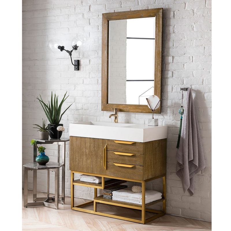 36" Columbia Single Bathroom Vanity, Latte Oak w/ Radiant Gold Base and Glossy White Composite Stone Top