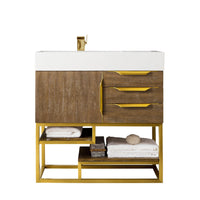36" Columbia Single Bathroom Vanity, Latte Oak w/ Radiant Gold Base and Glossy White Composite Stone Top